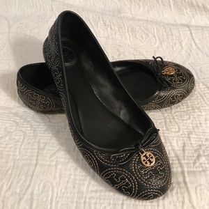 Tory Burch Chelsea Ballet Flat Stitched Logo Black